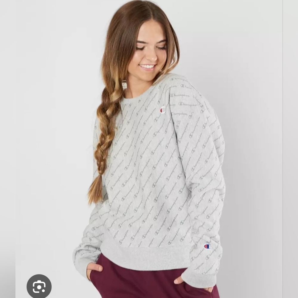 Champion Reverse Weave crewneck all over print sweatshirt womens script SMALL S